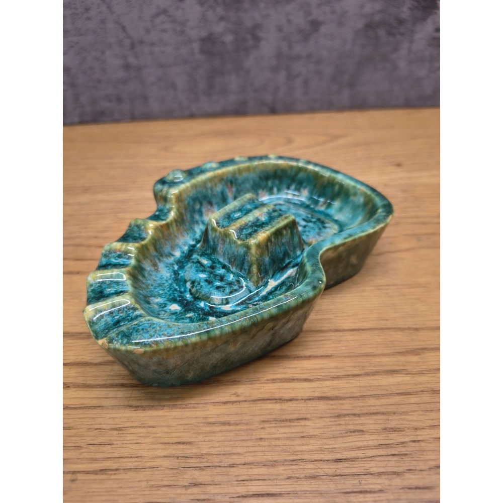 Mid Century Ceramic Ashtray Drip Glaze Green Aqua
